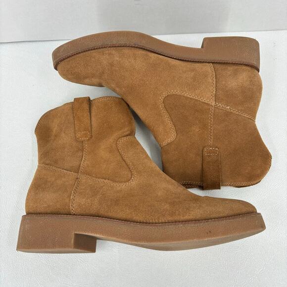 Lucky Brand Ankle Bootie Size 9 Camel Tan Suede Leather Pull On Rhetty Boots - Picture 3 of 11
